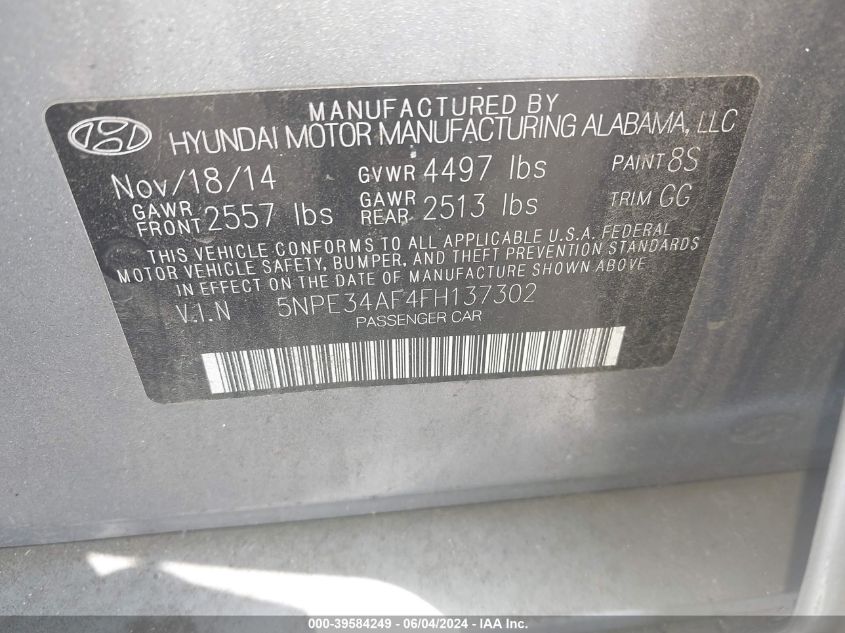 5NPE34AF4FH137302 | 2015 HYUNDAI SONATA