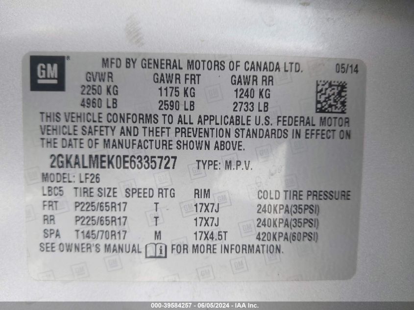 2014 GMC Terrain Sle-1 VIN: 2GKALMEK0E6335727 Lot: 39584257