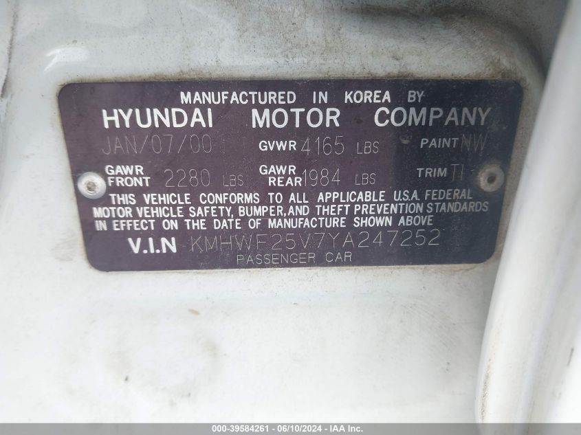 2000 Hyundai Sonata Gls V6 VIN: KMHWF25V7YA247252 Lot: 39584261