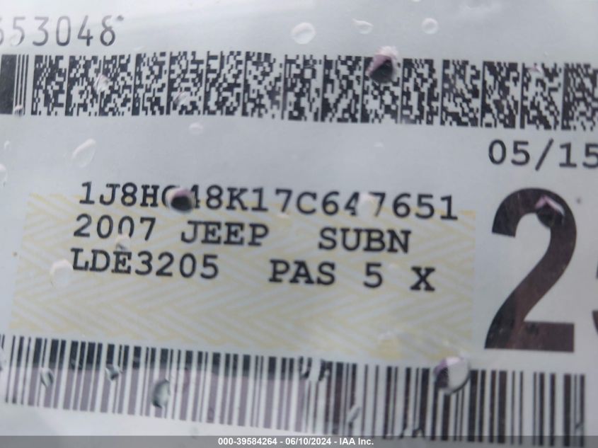2007 Jeep Commander Sport VIN: 1J8HG48K17C647651 Lot: 39584264