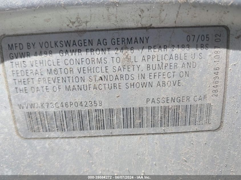 2006 Volkswagen Passat 2.0T/Value Edition VIN: WVWAK73C46P042359 Lot: 39584272