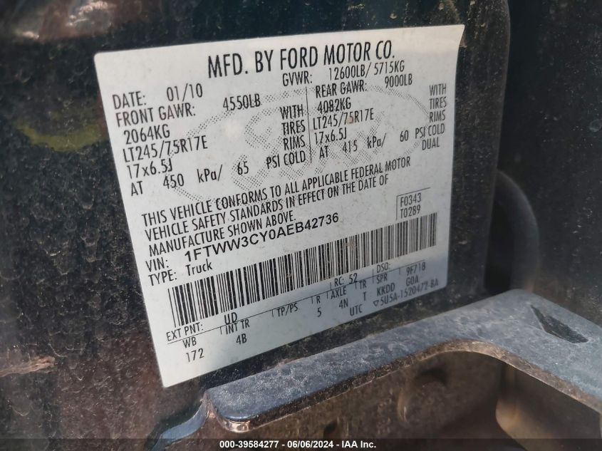 2010 Ford F-350 Lariat VIN: 1FTWW3CY0AEB42736 Lot: 39584277