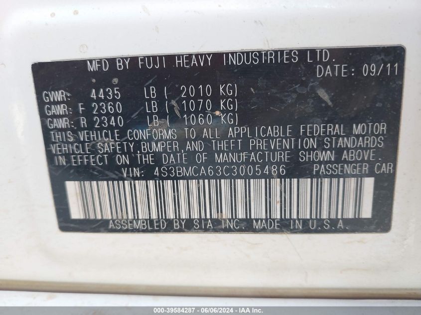 2012 Subaru Legacy 2.5I VIN: 4S3BMCA63C3005486 Lot: 39584287