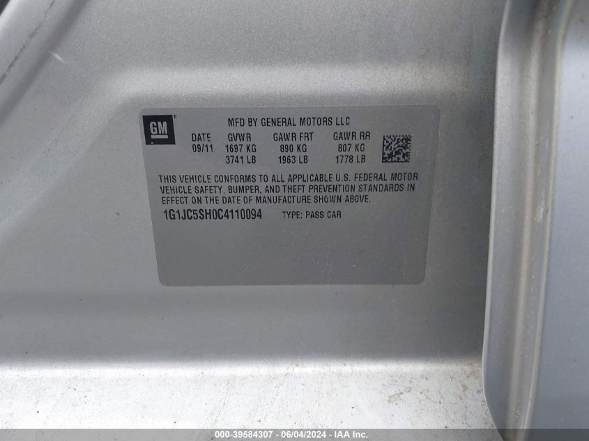 2012 Chevrolet Sonic 2Lt VIN: 1G1JC5SH0C4110094 Lot: 39584307