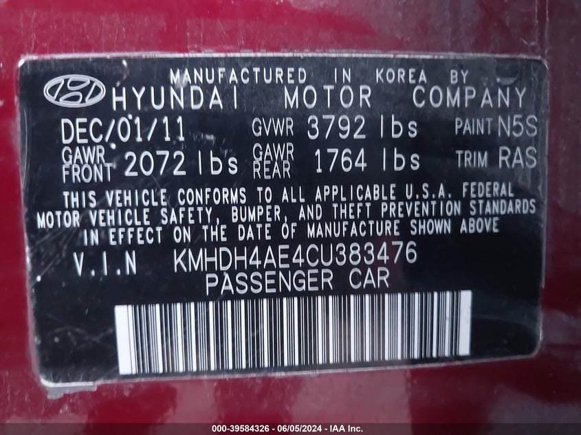 2012 Hyundai Elantra Limited (Ulsan Plant) VIN: KMHDH4AE9CU242175 Lot: 39584326
