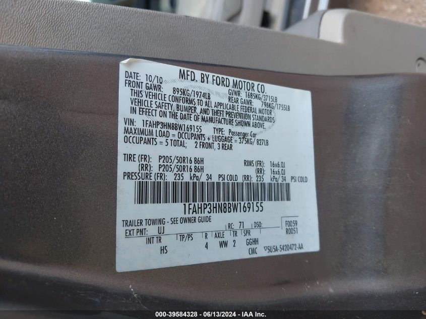 2011 Ford Focus Sel VIN: 1FAHP3HN8BW169155 Lot: 39584328