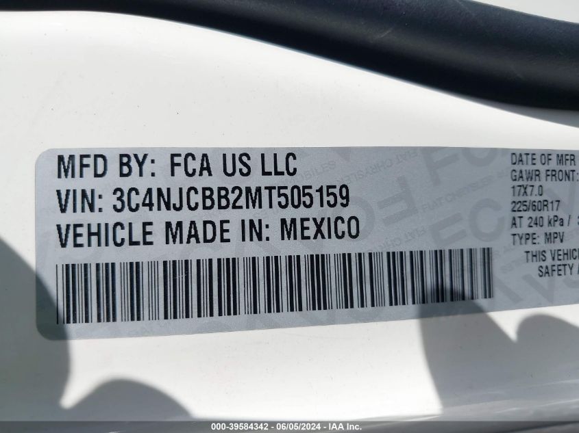 2021 Jeep Compass Latitude Fwd VIN: 3C4NJCBB2MT505159 Lot: 39584342
