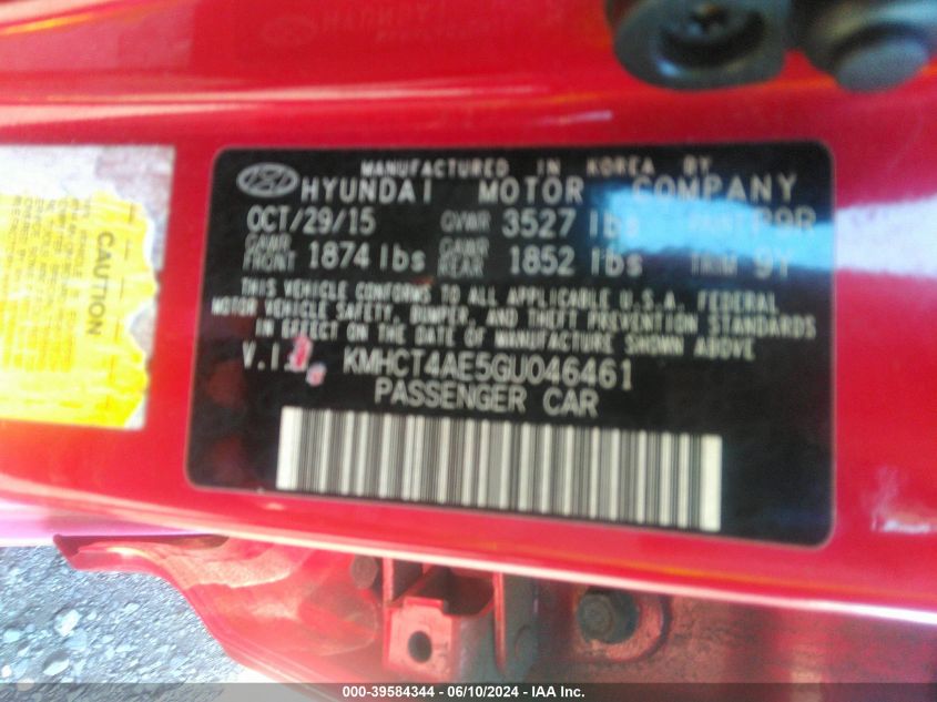 2016 Hyundai Accent Se VIN: KMHCT4AE5GU046461 Lot: 39584344