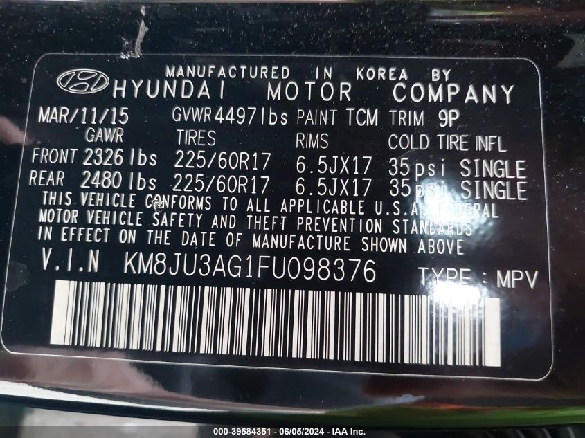 2015 Hyundai Tucson Se VIN: KM8JU3AG1FU098376 Lot: 39584351