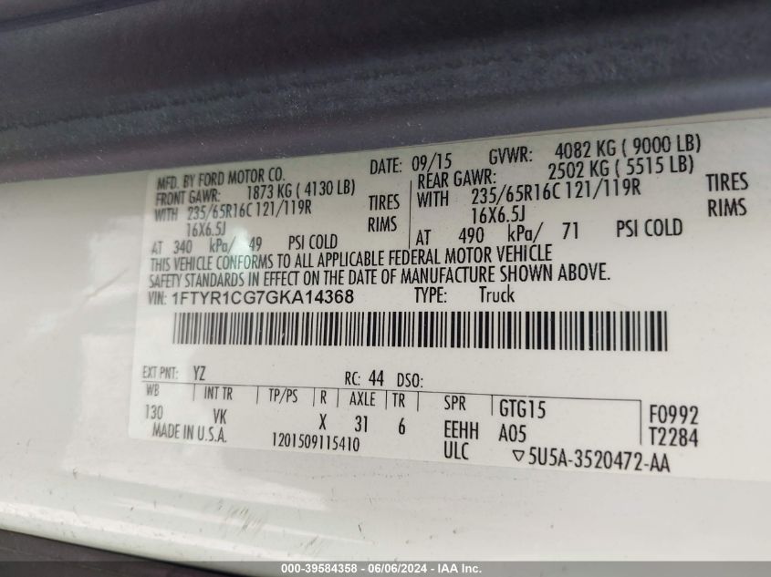 2016 Ford Transit-250 VIN: 1FTYR1CG7GKA14368 Lot: 39584358