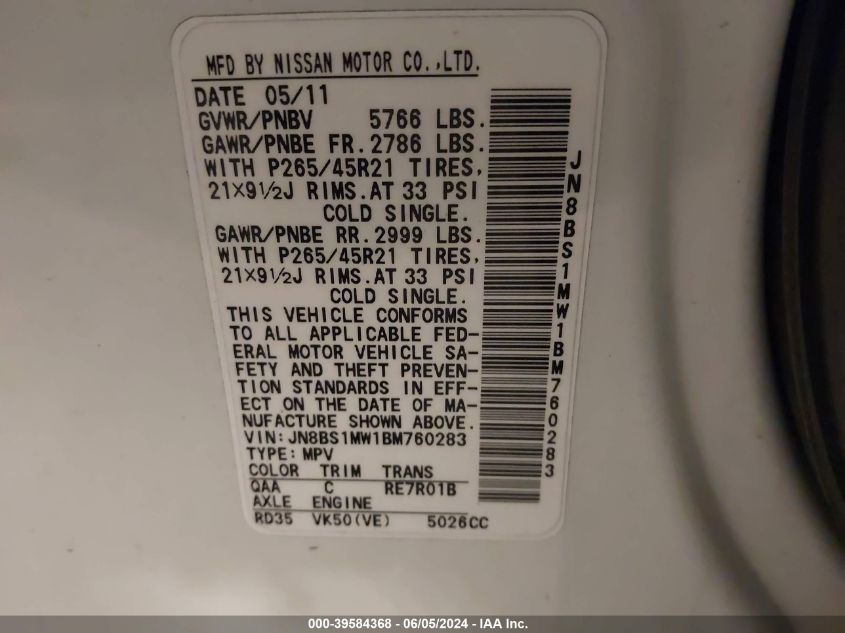 2011 Infiniti Fx50 VIN: JN8BS1MW1BM760283 Lot: 39584368