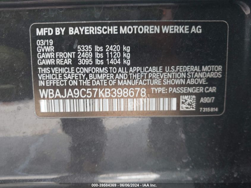 2019 BMW 530E Iperformance VIN: WBAJA9C57KB398678 Lot: 39584369