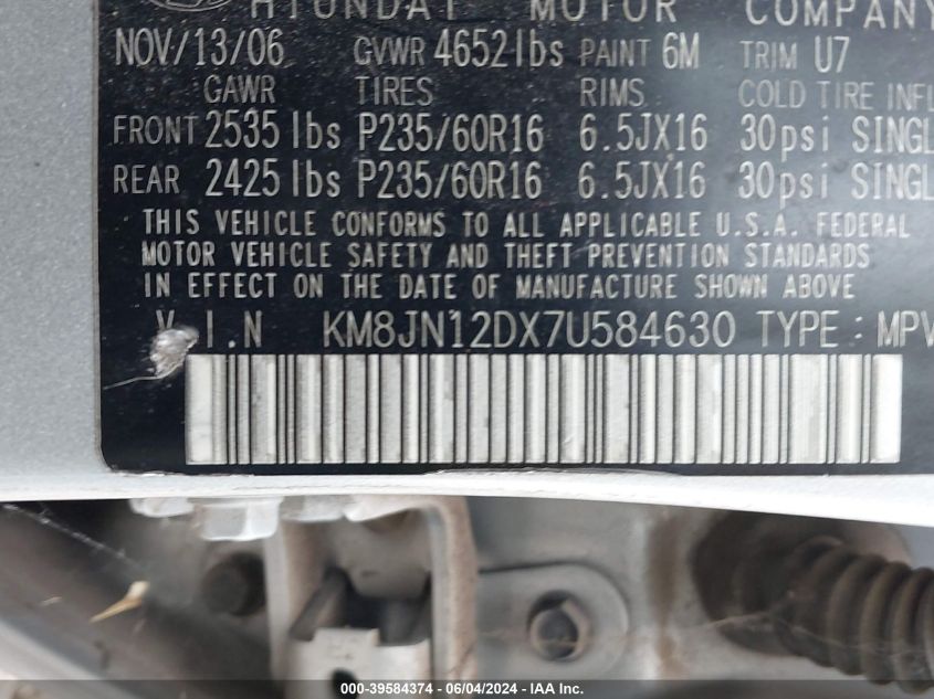 2007 Hyundai Tucson Limited/Se VIN: KM8JN12DX7U584630 Lot: 39584374