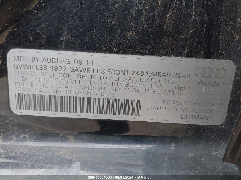 2011 Audi A4 2.0T Premium VIN: WAUFFAFL1BN022608 Lot: 39584383