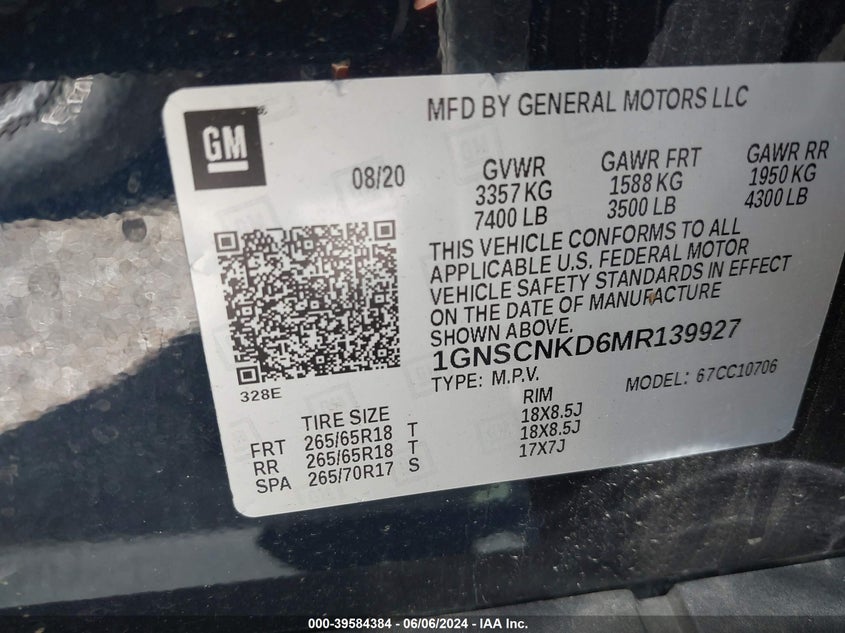 2021 Chevrolet Tahoe C1500 Lt VIN: 1GNSCNKD6MR139927 Lot: 39584384