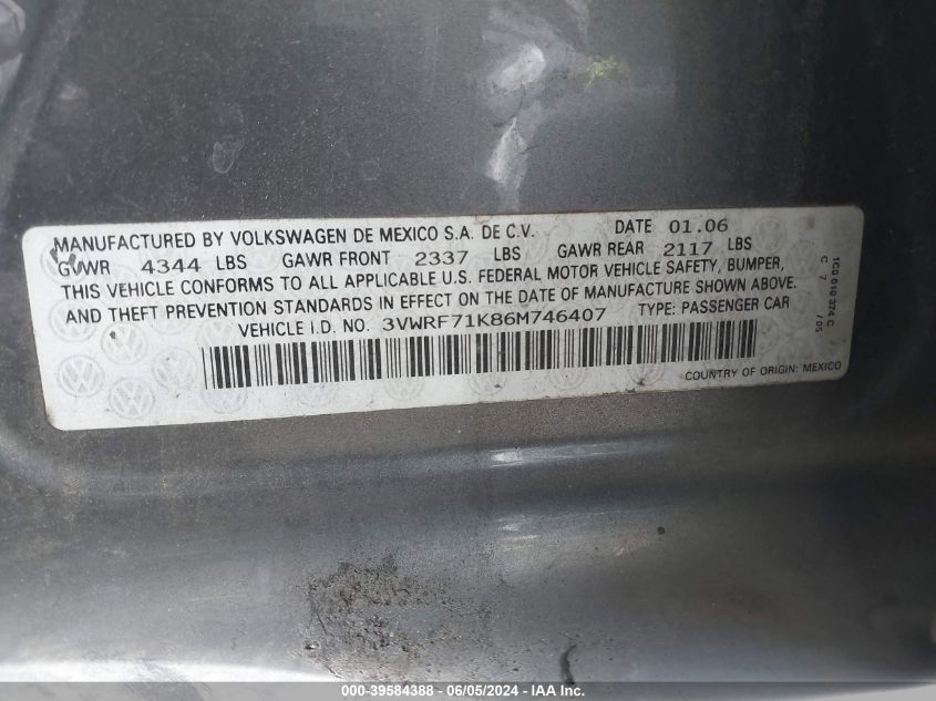 2006 Volkswagen Jetta 2.5 VIN: 3VWRF71K86M746407 Lot: 39584388