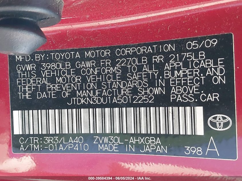 2010 Toyota Prius Iv VIN: JTDKN3DU1A5012252 Lot: 39584394