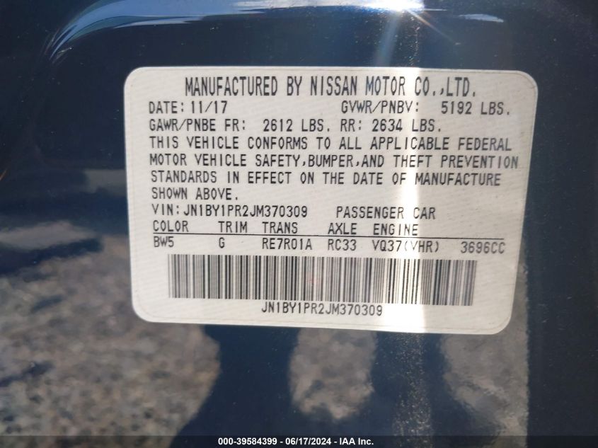 JN1BY1PR2JM370309 2018 Infiniti Q70L 3.7X Luxe