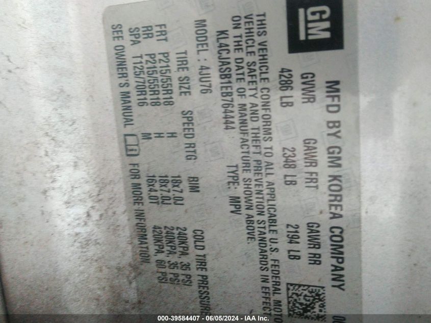 2014 Buick Encore VIN: KL4CJASB1EB764444 Lot: 39584407