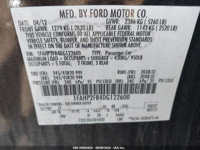 2013 Ford Taurus Limited VIN: 1FAHP2F84DG122600 Lot: 39584424