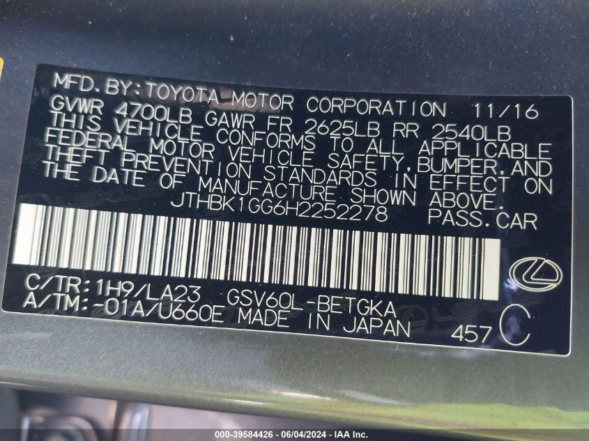 2017 Lexus Es 350 VIN: JTHBK1GG6H2252278 Lot: 39584426