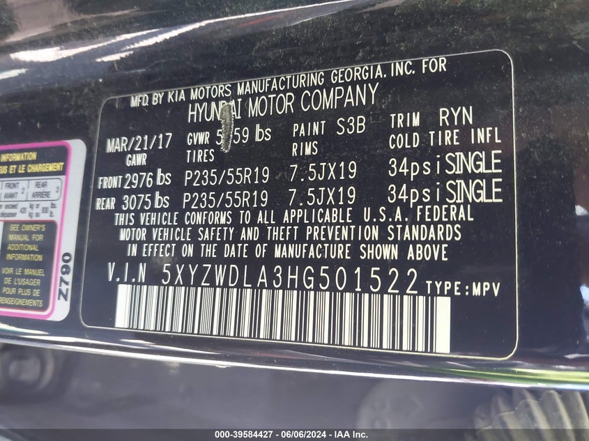 2017 Hyundai Santa Fe Sport 2.0T Ultimate VIN: 5XYZWDLA3HG501522 Lot: 39584427