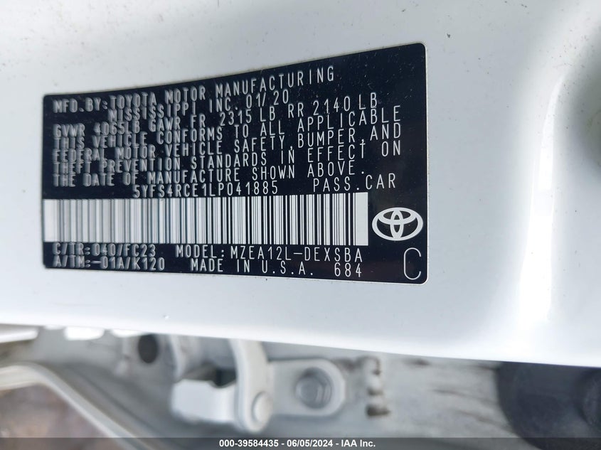 VIN 5YFS4RCE1LP041885 2020 TOYOTA COROLLA SE/NIGHT SHADE