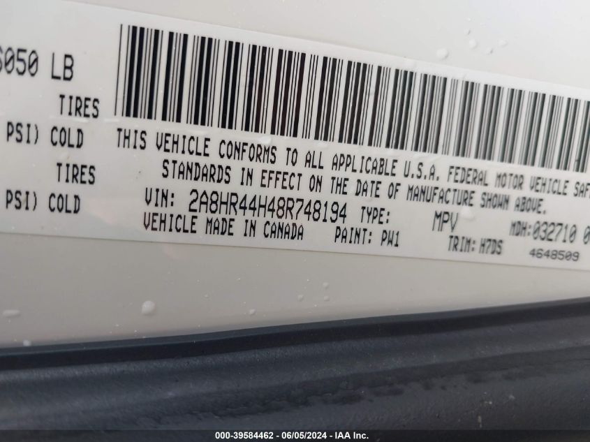 2008 Chrysler Town & Country Lx VIN: 2A8HR44H48R748194 Lot: 39584462