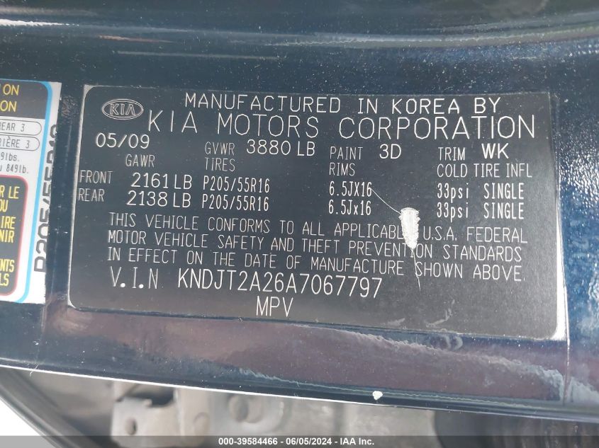 2010 Kia Soul + VIN: KNDJT2A26A7067797 Lot: 39584466