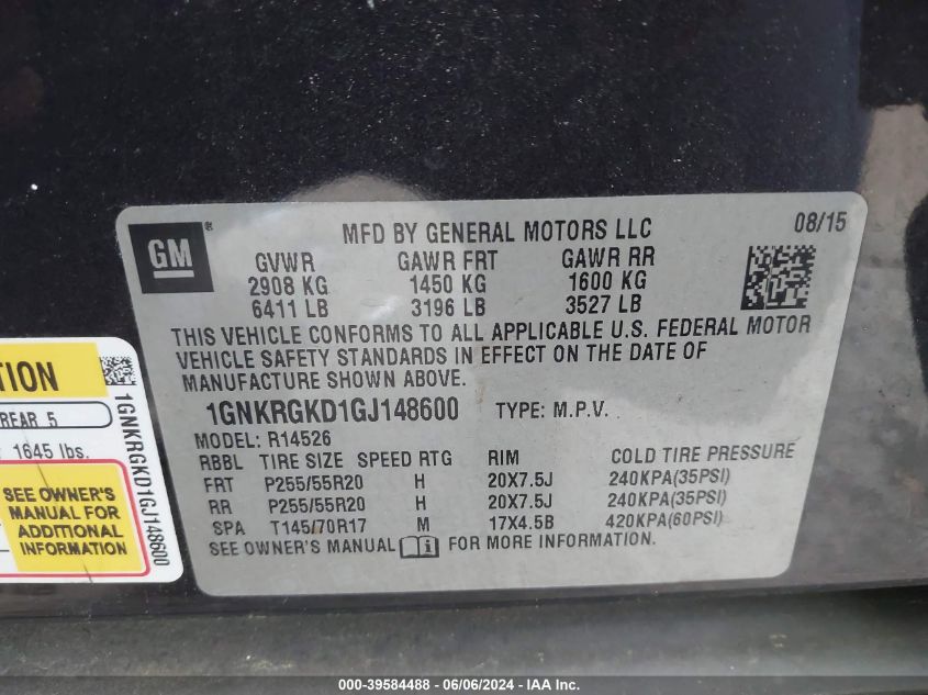 2016 Chevrolet Traverse 1Lt VIN: 1GNKRGKD1GJ148600 Lot: 39584488