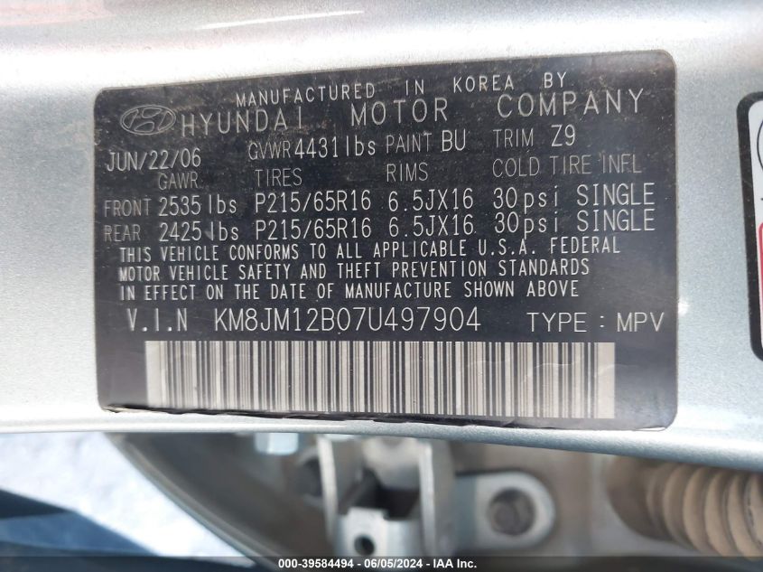 2007 Hyundai Tucson Gls VIN: KM8JM12B07U497904 Lot: 39584494