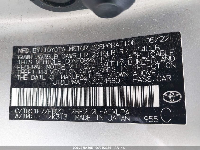 2022 Toyota Corolla Le VIN: JTDEPMAE7N3024580 Lot: 39584505