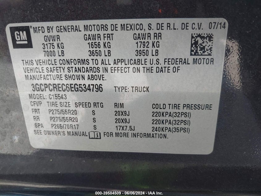 2014 Chevrolet Silverado 1500 1Lt VIN: 3GCPCREC6EG534796 Lot: 39584509