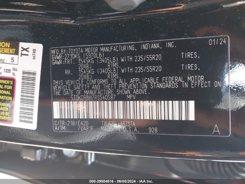 2024 Toyota Highlander Xse VIN: 5TDKDRBH7RS540587 Lot: 39584516