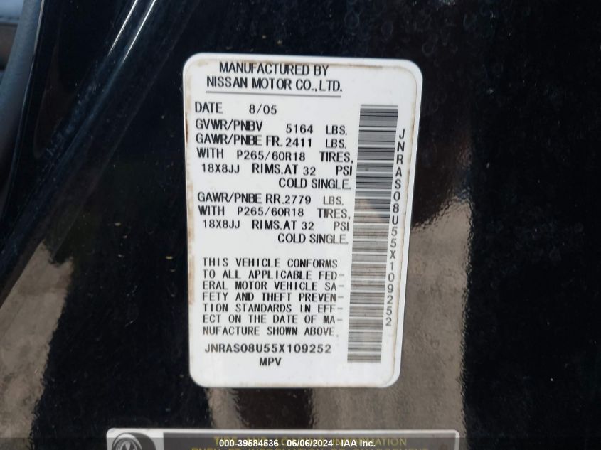 2005 Infiniti Fx35 VIN: JNRAS08U55X109252 Lot: 39584536