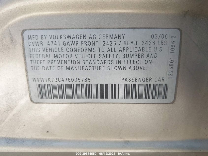 2007 Volkswagen Passat 2.0T VIN: WVWTK73C47E005785 Lot: 39584550