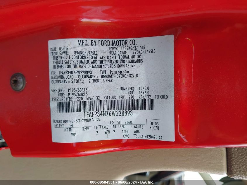 2006 Ford Focus Zx4 VIN: 1FAFP34N76W228893 Lot: 39584551