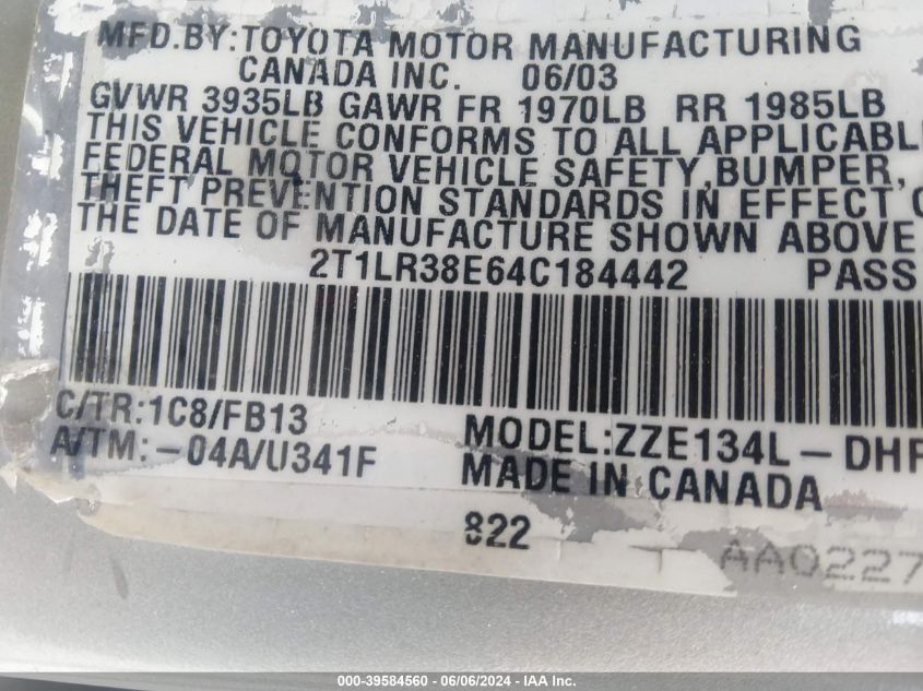 2004 Toyota Matrix Xr VIN: 2T1LR38E64C184442 Lot: 39584560