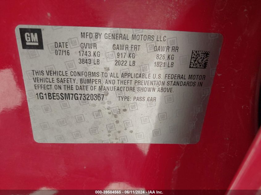 2016 Chevrolet Cruze Lt Auto VIN: 1G1BE5SM7G7320367 Lot: 39584565