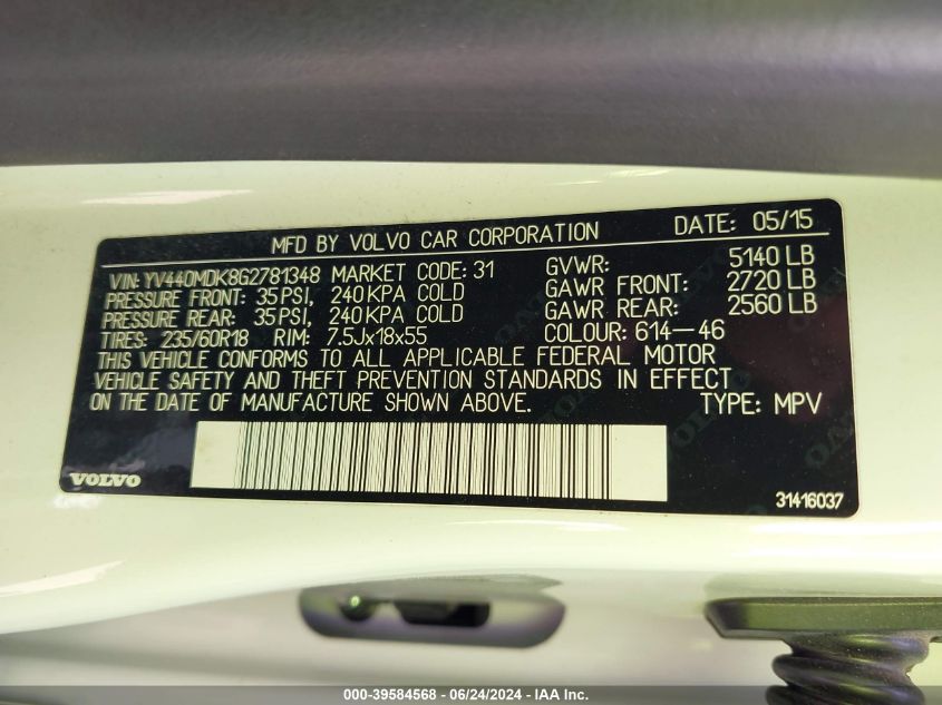 2016 Volvo Xc60 T5 Drive-E Premier VIN: YV440MDK8G2781348 Lot: 39584568