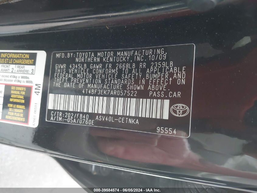 2010 Toyota Camry Le VIN: 4T4BF3EK7AR057522 Lot: 39584574