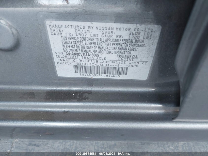 2020 Nissan Versa S Xtronic Cvt VIN: 3N1CN8DV1LL816065 Lot: 39584581