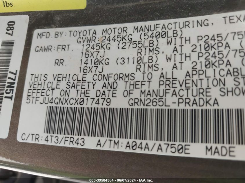 2012 Toyota Tacoma Prerunner V6 VIN: 5TFJU4GNXCX017479 Lot: 39584584