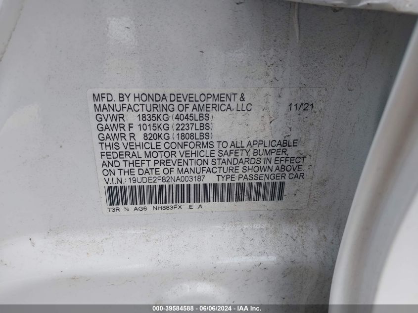 2022 Acura Ilx Premium A-Spec Packages/Technology A-Spec Packages VIN: 19UDE2F82NA003187 Lot: 39584588