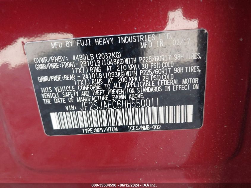 2017 Subaru Forester 2.5I Premium VIN: JF2SJAEC6HH550011 Lot: 39584590