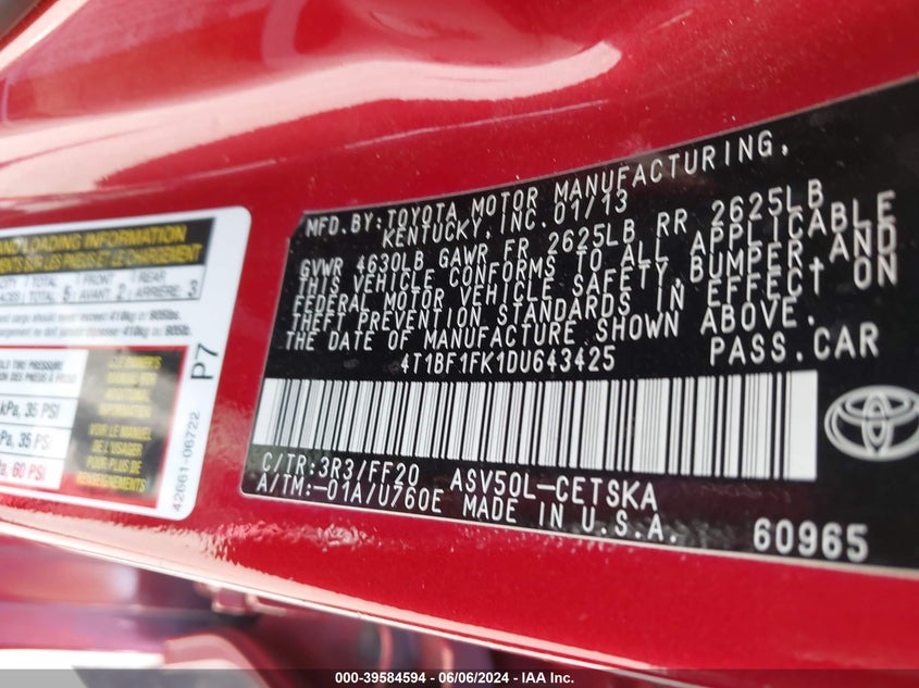 2013 Toyota Camry Se VIN: 4T1BF1FK1DU643425 Lot: 39584594