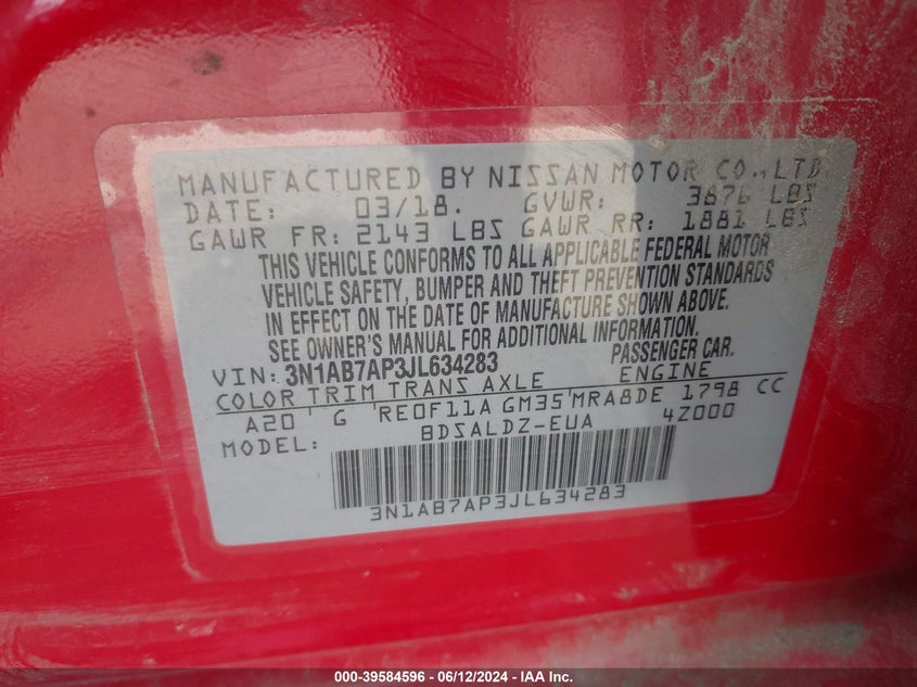 2018 Nissan Sentra Sv VIN: 3N1AB7AP3JL634283 Lot: 39584596
