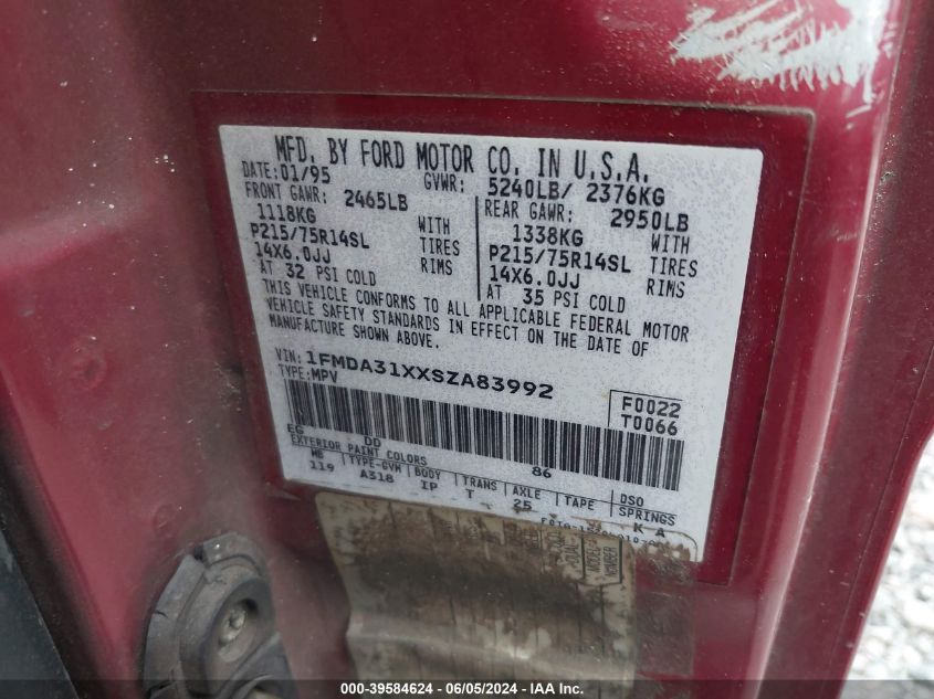 1995 Ford Aerostar VIN: 1FMDA31XXSZA83992 Lot: 39584624