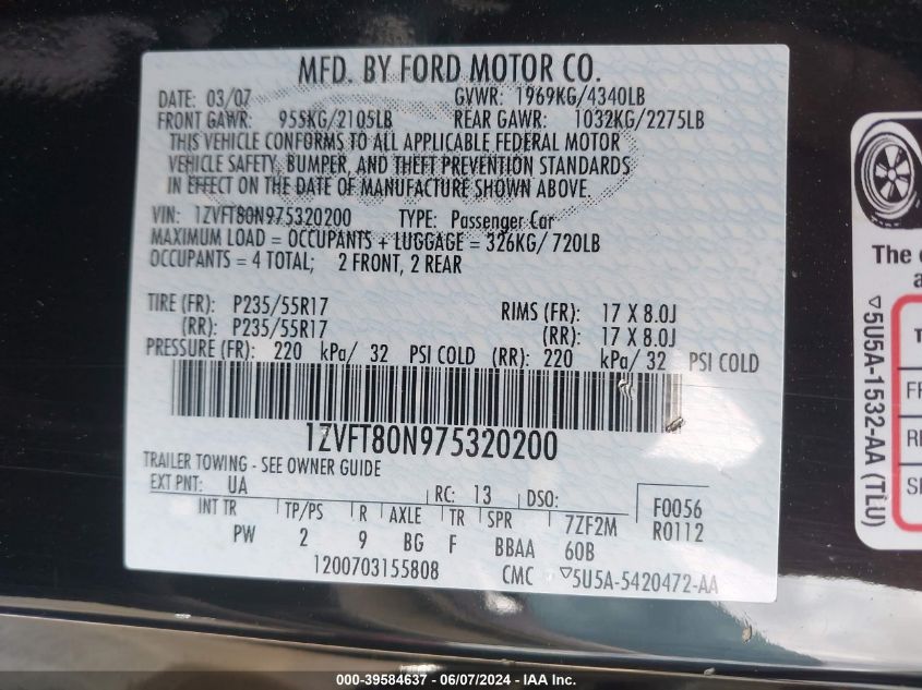 2007 Ford Mustang V6 Deluxe/V6 Premium VIN: 1ZVFT80N975320200 Lot: 39584637