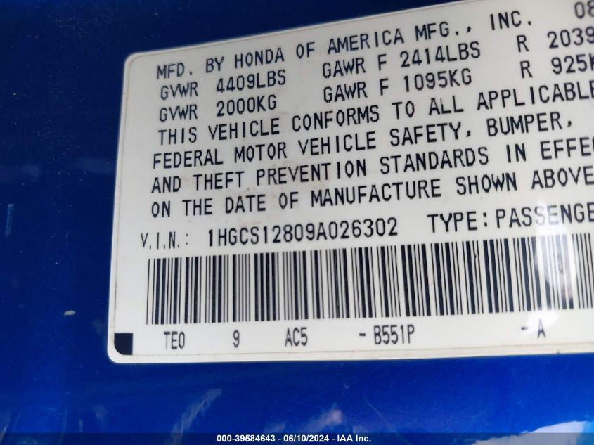 2009 Honda Accord 2.4 Ex-L VIN: 1HGCS12809A026302 Lot: 39584643